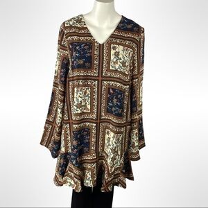 Lulus mini dress bohemian patterned long bell sleeve ruffle hem